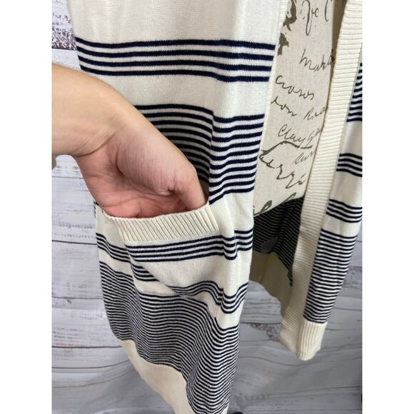 Talbots Cardigan Womens Sp Stripe Open Front Pockets Pima Cotton Knit 3/4 Sleeve - Picture 3 of 12